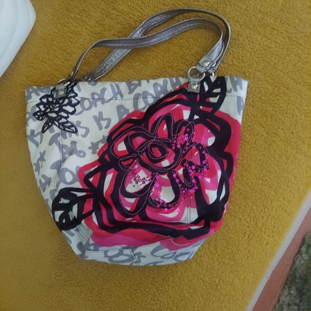 Coach White and Pink Floral Shoulder Bag